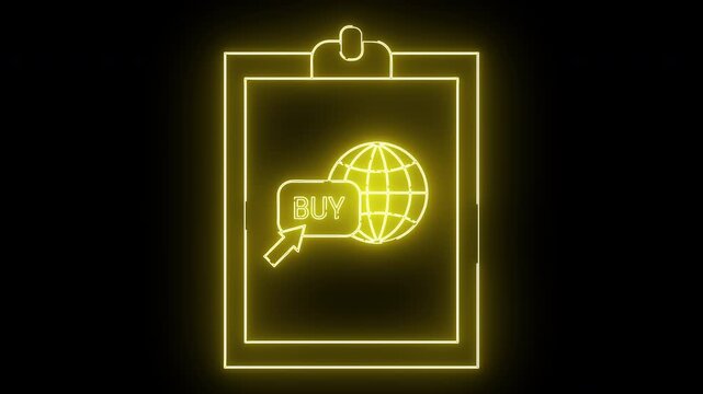Neon style yellow clipboard with Buy button  world icon on a black background