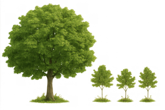 Tree growth stages showing evolution from young saplings to mature plant with green leaves on transparent background