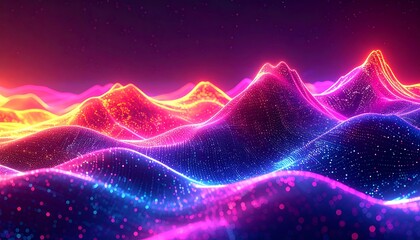 Digital rendering of glowing, undulating terrain, neon colors, starry sky