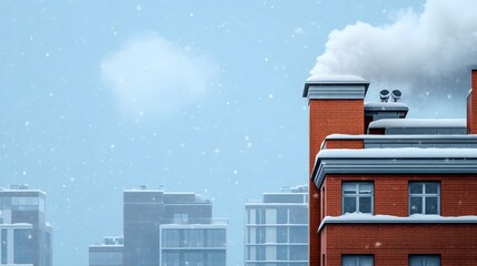 Obraz premium Urban winter view Red brick building with snow covered roof smoke from chimney falling snowflakes city background