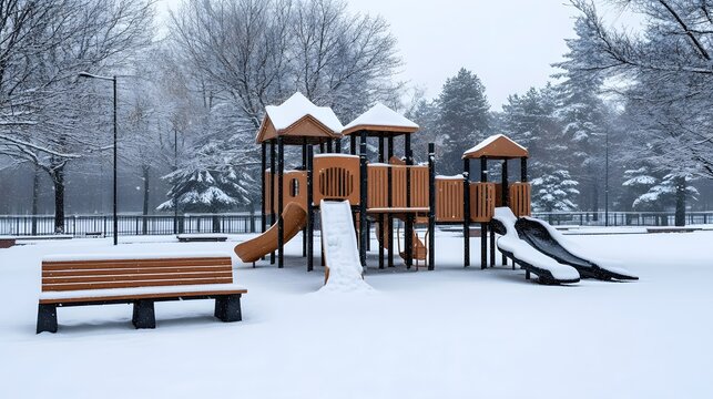 Empty children's playground covered in pristine white snow with bare trees and a snowy park bench