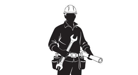 A silhouette of a construction worker wearing a hard hat, holding a wrench and a blueprint, representing building and engineering.