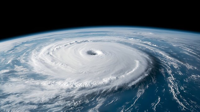 Massive hurricane storm with a distinct eye swirling over Earth's oceans viewed from dark outer space
