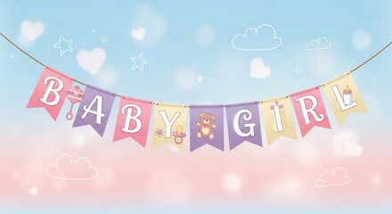 A baby shower banner with pink, purple, and yellow flags, featuring a teddy bear, pacifier, and rattle, against a blue and pink sky with clouds and hearts.