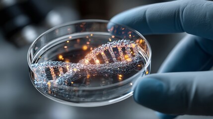 Scientist In Gloves Holding DNA Strand In Futuristic Laboratory