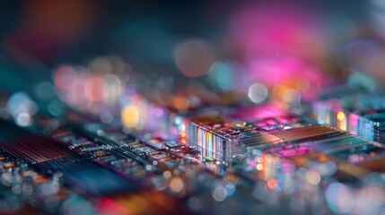 Macro Shot Of Futuristic Chip Surface With Nanostructures And Colorful Reflections