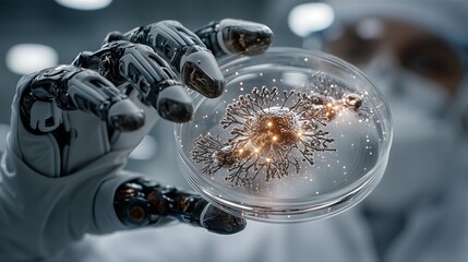Robotic Hand Examines Neural Structure In Futuristic Laboratory Petri Dish