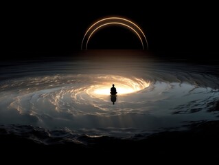 One Person Meditating In A Glowing Ocean Whirlpool Under Dual Ring Light Arcs At Night