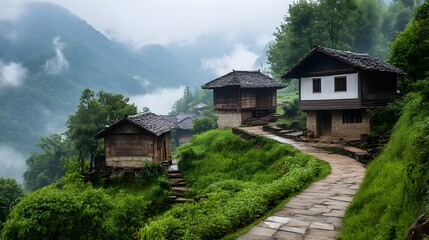 Traditional mountain village with wooden houses dark roofs and stone path through lush green foliage misty peaks
