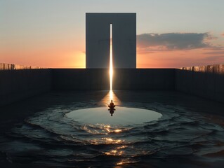 Meditating Person at Sunset in a Pool Under a Monumental Arch