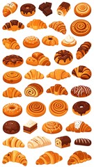 A vibrant assortment of diverse, freshly baked pastries, including croissants, buns, donuts, and chocolate-covered treats, artfully arranged