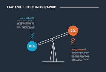 Law and justice infographic process diagram with simple scale with circle edge on comparison opposite with dark background bright outline style 2 points