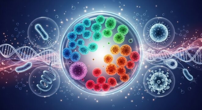 A colorful, abstract illustration of a cell with various colored particles and structures, set against a dark background with glowing elements.