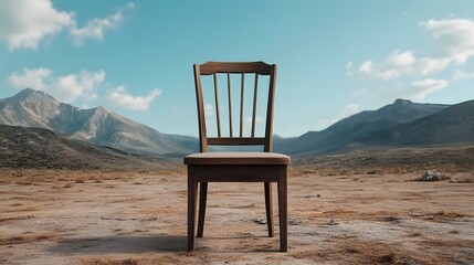 A single wooden chair with a padded seat stands centered in a dry open landscape with large mountains under a blue sky