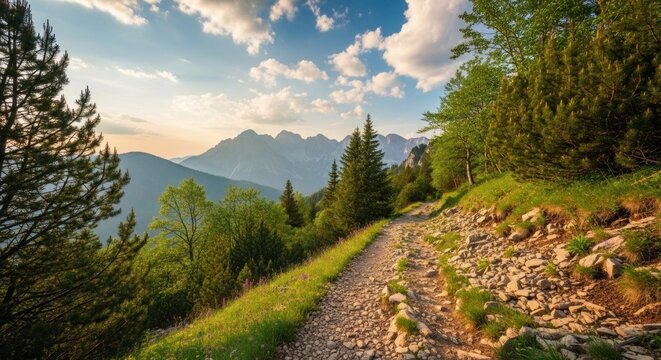A rocky path leading through a lush green forest with majestic mountains in the background.