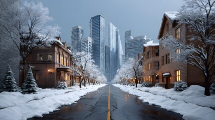 Snow covered street lined with traditional houses leading towards modern city skyscrapers on a clear winter day