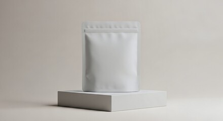 A white stand up pouch with a zipper seal placed on a white block against a neutral background space