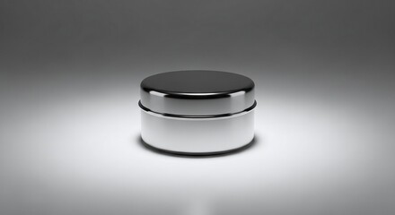 A close up shot of a small round silver metal container with a lid on a white surface and soft lighting