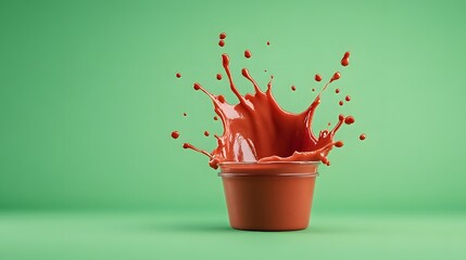 Vibrant reddish brown liquid creating an energetic splash from a small container on a solid green background
