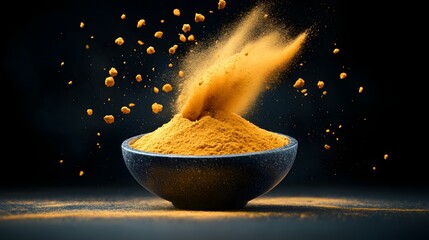 Bright yellow spice powder exploding upwards from a black bowl with fine particles scattering against dark background