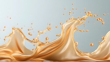 Vibrant golden liquid forms an elegant splash with many small round droplets against a calm blue grey backdrop