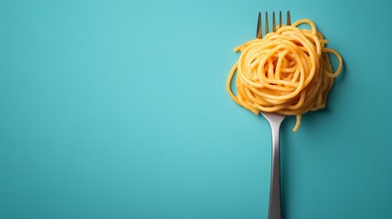 A portion of cooked spaghetti pasta twirled on a shining silver fork against a vibrant blue green background