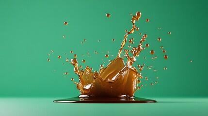 Golden brown liquid splashing upward forming a crown shape with numerous suspended droplets on a teal surface