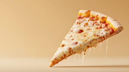 A single triangular slice of hot pizza with abundant melted cheese stretching and dripping against a plain background