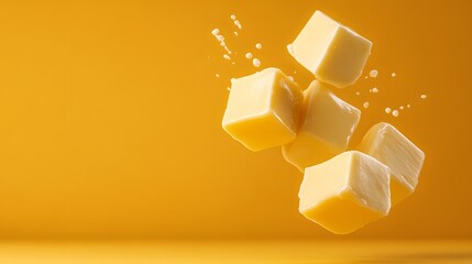 Multiple golden yellow butter cubes with creamy splashes floating against a solid orange background