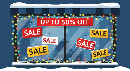 Fototapeta premium Holiday Sale Display: A festive storefront window showcases an array of vibrant SALE signs, adorned with twinkling lights and a generous UP TO 50% OFF banner.