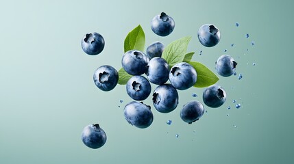 Vibrant fresh blueberries and green leaves floating with water droplets on a smooth blue green background