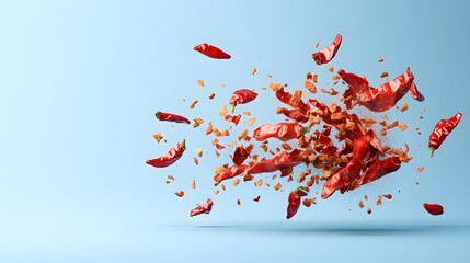 Vibrant red chili peppers and spicy red pepper flakes explosively scattering against a bright blue background
