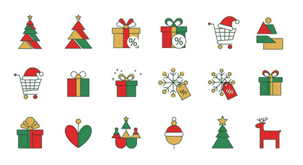 Christmas icons set with tree Santa snowman gifts and holiday decorations cartoon vector illustration