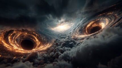 Two Fiery Black Holes Swirl In Cosmic Vortex Above Clouds