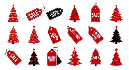 Christmas Sale Extravaganza: A festive collection of Christmas trees and price tags, evoking excitement and savings during the holiday season.