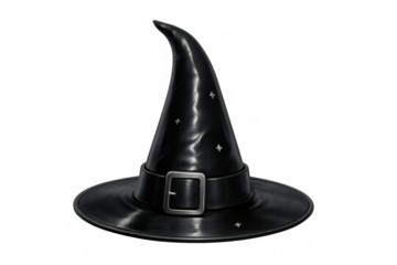 Black witch hat with pointed crown and buckle, depicting magic, wizardry, and occult fantasy on transparent background