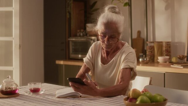 Medium shot of senior Caucasian woman with autoimmune diabetes, using hormone sensor patch, checking blood glucose with smartphone app and writing down results in notebook for analyzing