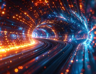 Digital tunnel of light, creating a sense of speed and data flow