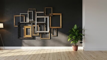 Room with stacked picture frames on a dark wall and a large plant - Powered by Adobe