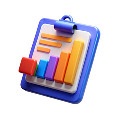 3d stylized bar chart on clipboard icon for business and finance concepts transparent background