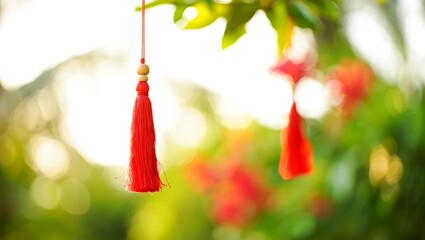Red Tassels Hanging from a Tree with a Blurred Background