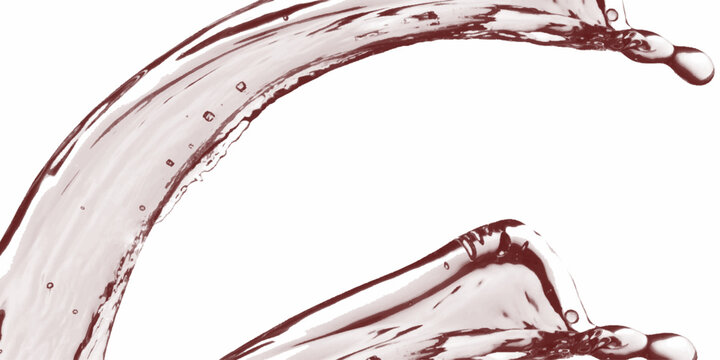 A close-up shot of red wine elegantly pouring into a wine glass, isolated on a white background, Elegant Water Splash with Droplets in a Rose Tinted Hue Creating a Crown Like Shape and a Dynamic.