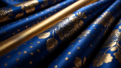 Royal blue fabric with luxurious golden floral pattern and rich texture