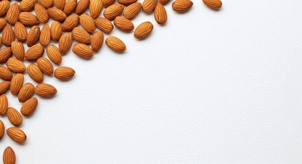 A top view of almonds scattered on a white surface creating a border on the left side of image