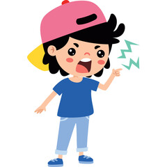 Angry Young Boy Wearing Blue T Shirt Pink Hat And Light Blue Jeans Expressing Frustration And Anger With Pointing Finger And Jagged Lines Symbolizing Emotion On Transparent Background
