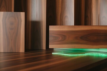 Close-up of Rich Walnut Wood Paneling with Integrated Green LED Lighting texture grain