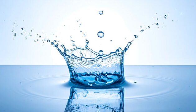 A droplet falls, impacting a surface and creating a crown splash. Clear water and ripples reflect a soft blue backdrop