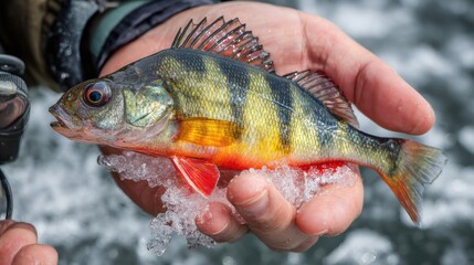 Hands of a Fisherman Holding a Small Perch Caught on Ice During a Winter Outdoor Activity