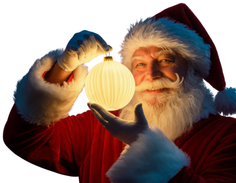  Happy Santa Claus holding glowing christmas ball over defocused blue background with copy space 