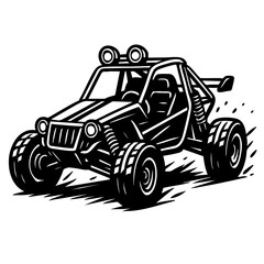 Black and white stylized vector illustration of an off-road war buggy racing through terrain